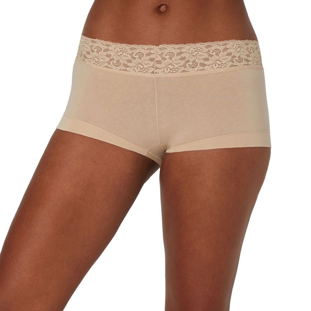 Maidenform Pure Comfort Cotton Stretch Boyshort Lace Waist Panties Beige